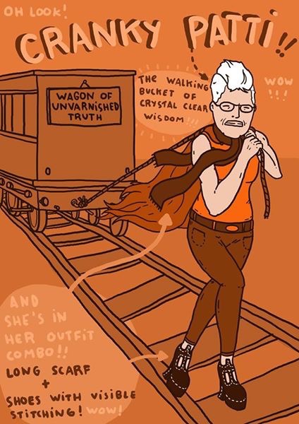 Illustration of "Cranky Patti," a white-haired woman wearing fabulous shoes and pulling a train that says "Wagon of Unvarnished Truth"